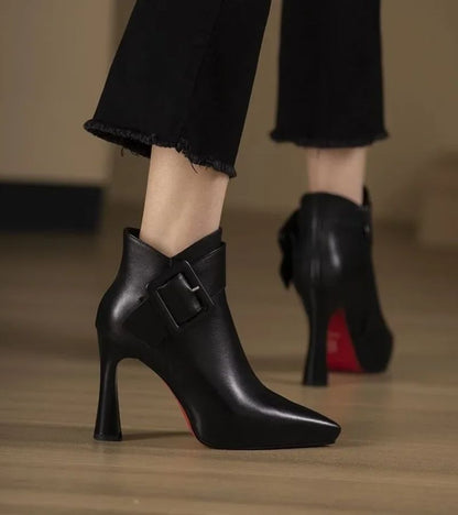 Women's Heeled Ankle Boots with Oversized Buckle Detail