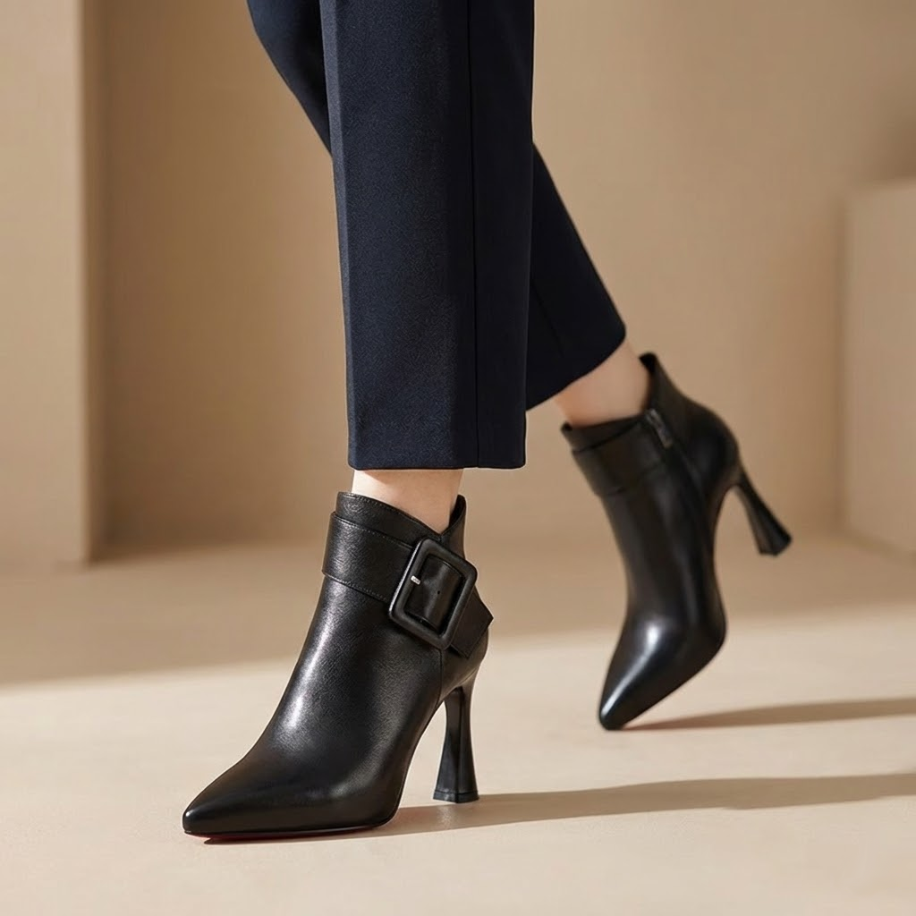Women's Heeled Ankle Boots with Oversized Buckle Detail