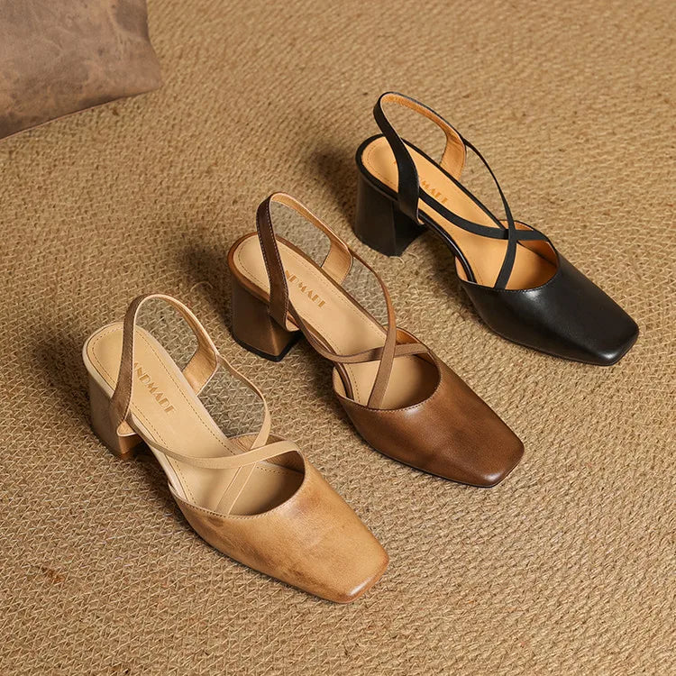 Women's Heeled Sandals with Cross-Over Straps and Block Heel