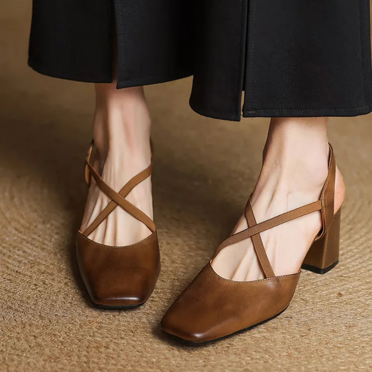 Women's Heeled Sandals with Cross-Over Straps and Block Heel