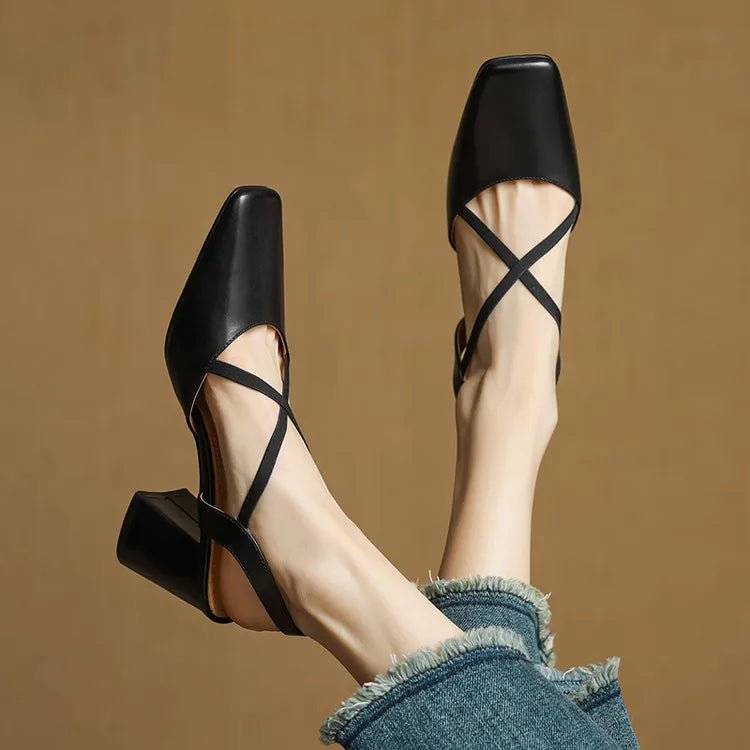 Women's Heeled Sandals with Cross-Over Straps and Block Heel
