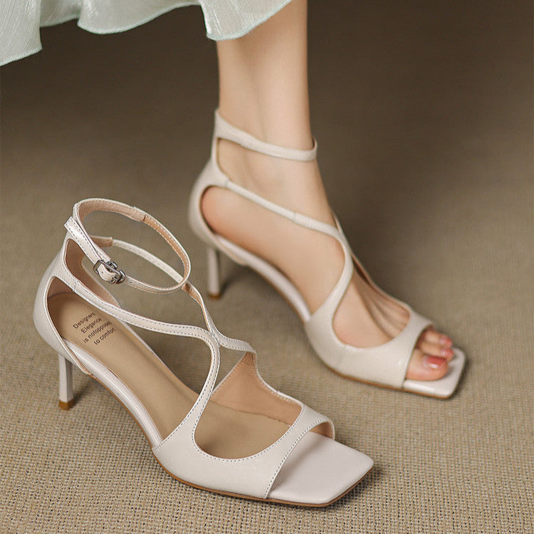 Women's Heeled Sandals with Open Toe and Swirl Strap Detail