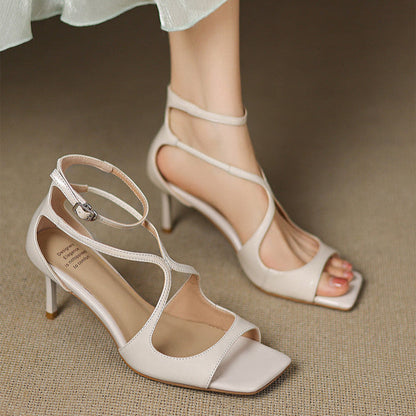 Women's Heeled Sandals with Open Toe and Swirl Strap Detail