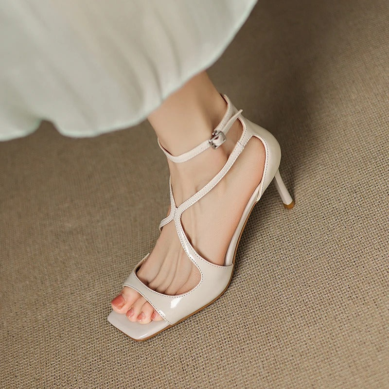 Women's Heeled Sandals with Open Toe and Swirl Strap Detail