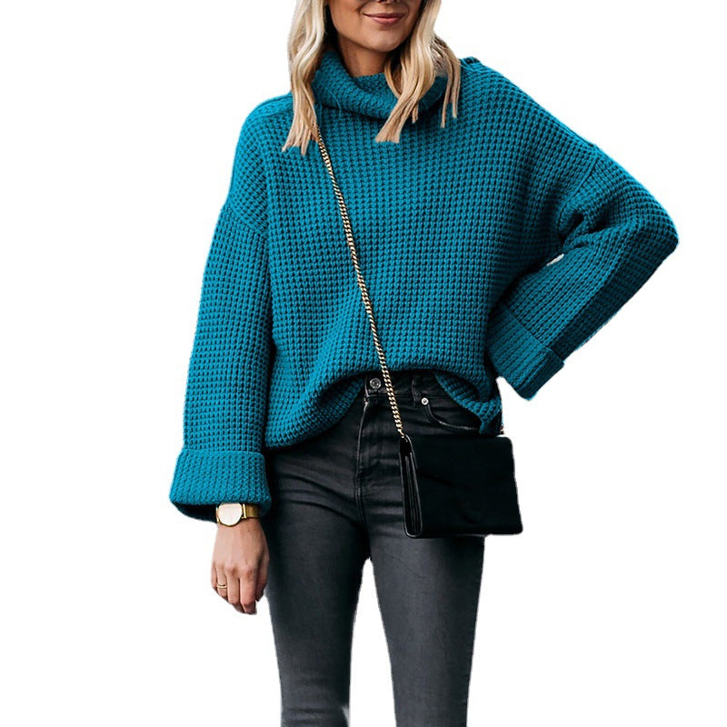 Women's High Collar Sweater with Textured Pattern and Voluminous Sleeves
