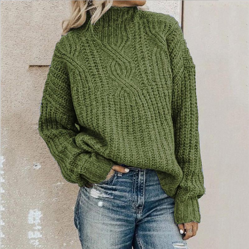 Women's High Neck Knit Sweater with Ribbed Trims
