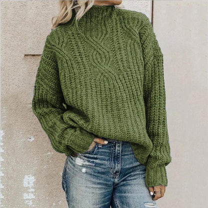 Women's High Neck Knit Sweater with Ribbed Trims