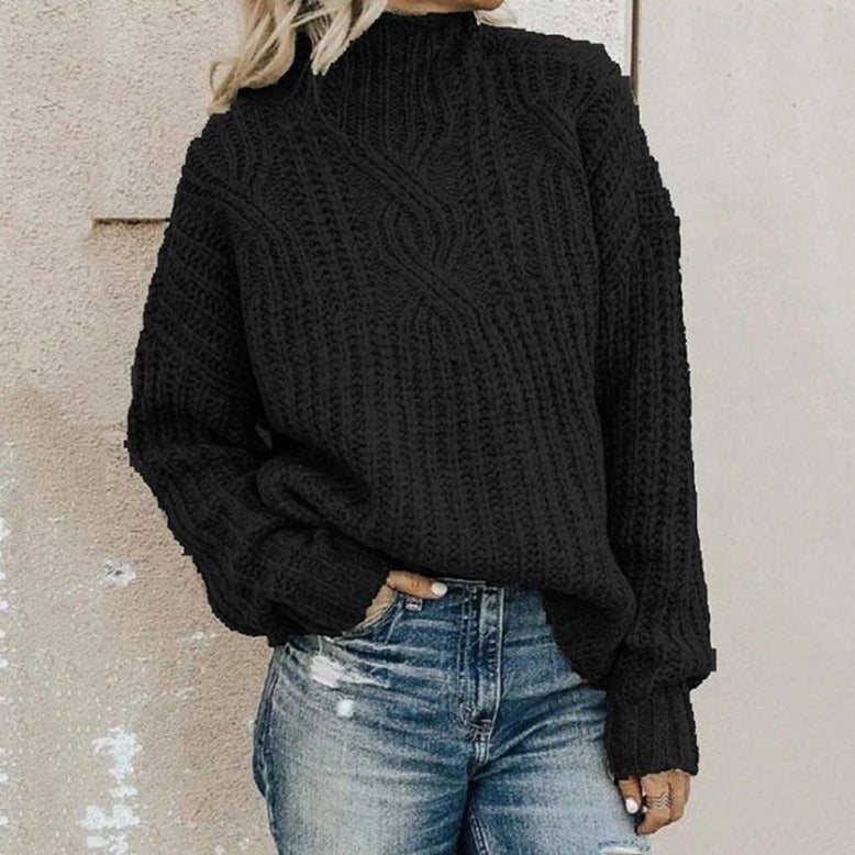 Women's High Neck Knit Sweater with Ribbed Trims
