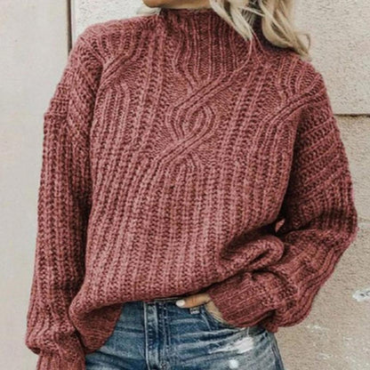 Women's High Neck Knit Sweater with Ribbed Trims