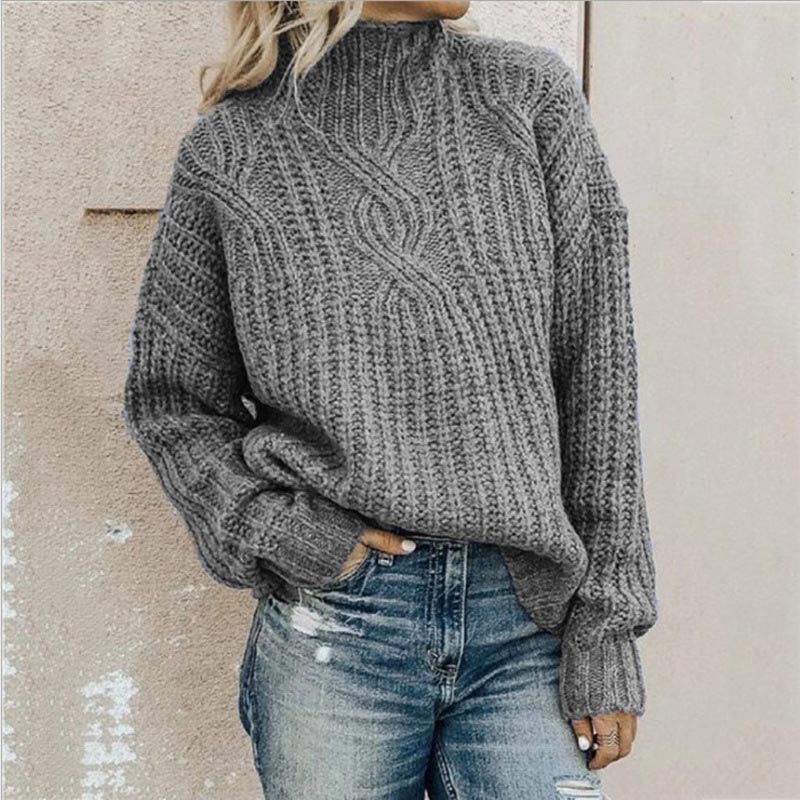 Women's High Neck Knit Sweater with Ribbed Trims