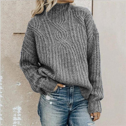 Women's High Neck Knit Sweater with Ribbed Trims