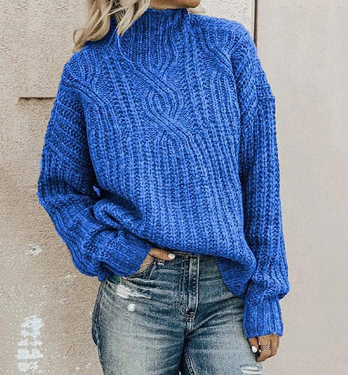 Women's High Neck Knit Sweater with Ribbed Trims