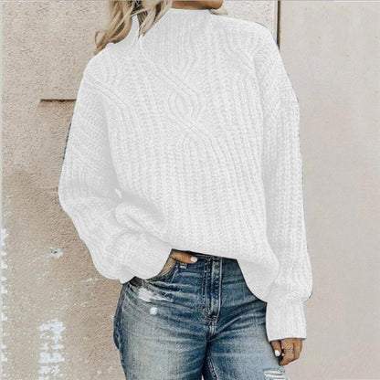 Women's High Neck Knit Sweater with Ribbed Trims