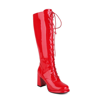 Women's Knee High Lace-Up Block Heel Boots with Plush Lining