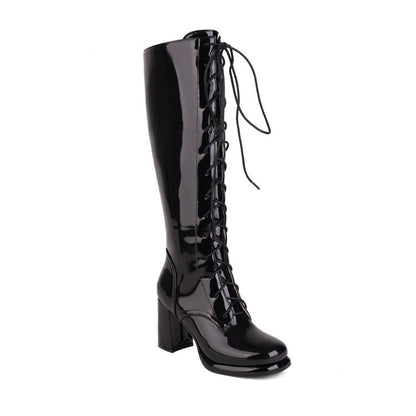 Women's Knee High Lace-Up Block Heel Boots with Plush Lining