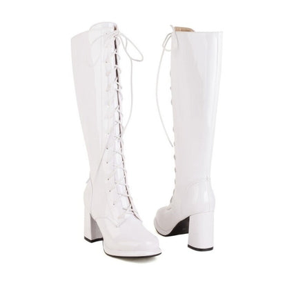 Women's Knee High Lace-Up Block Heel Boots with Plush Lining