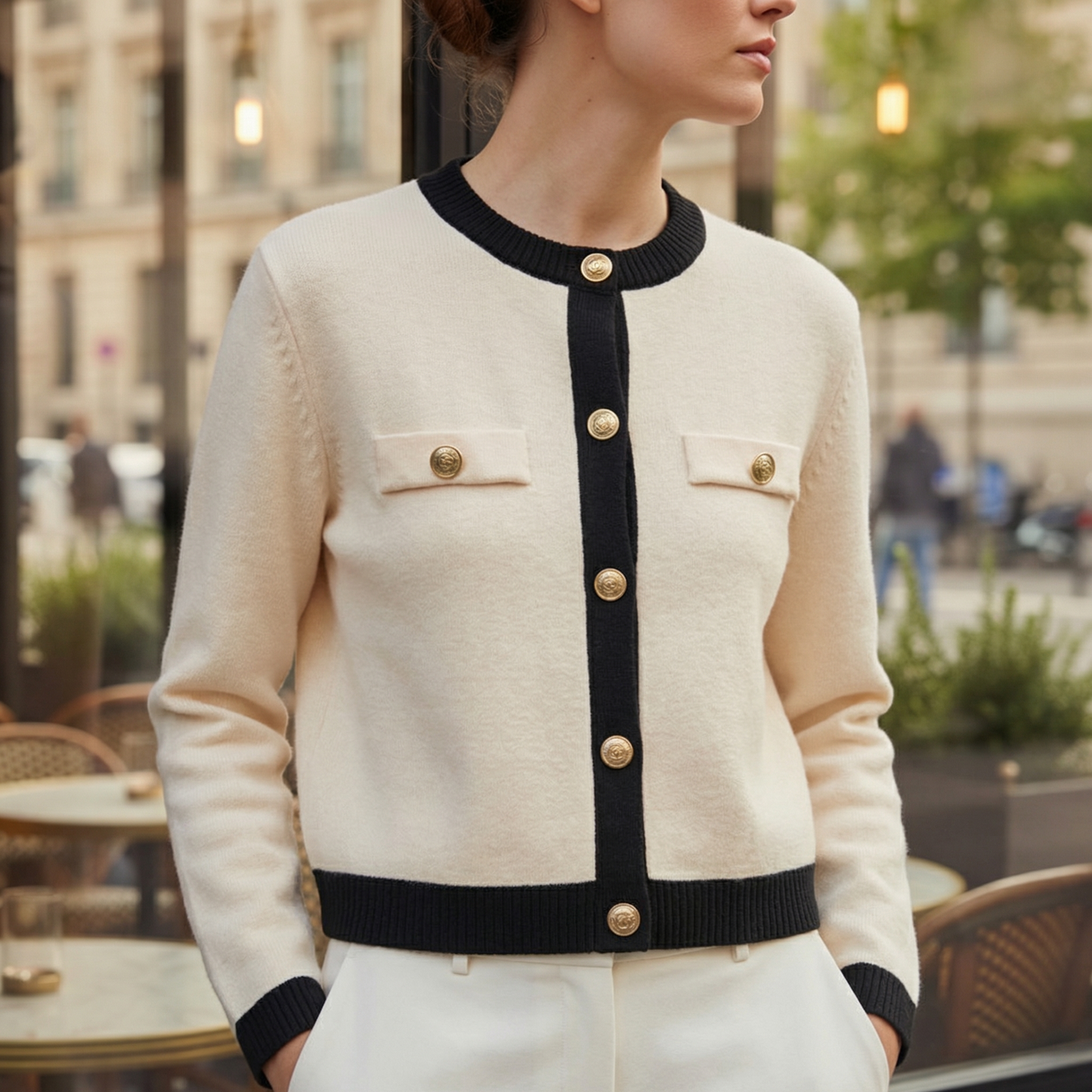 Women's Knit Cardigan with Gold Buttons and Chest Pockets