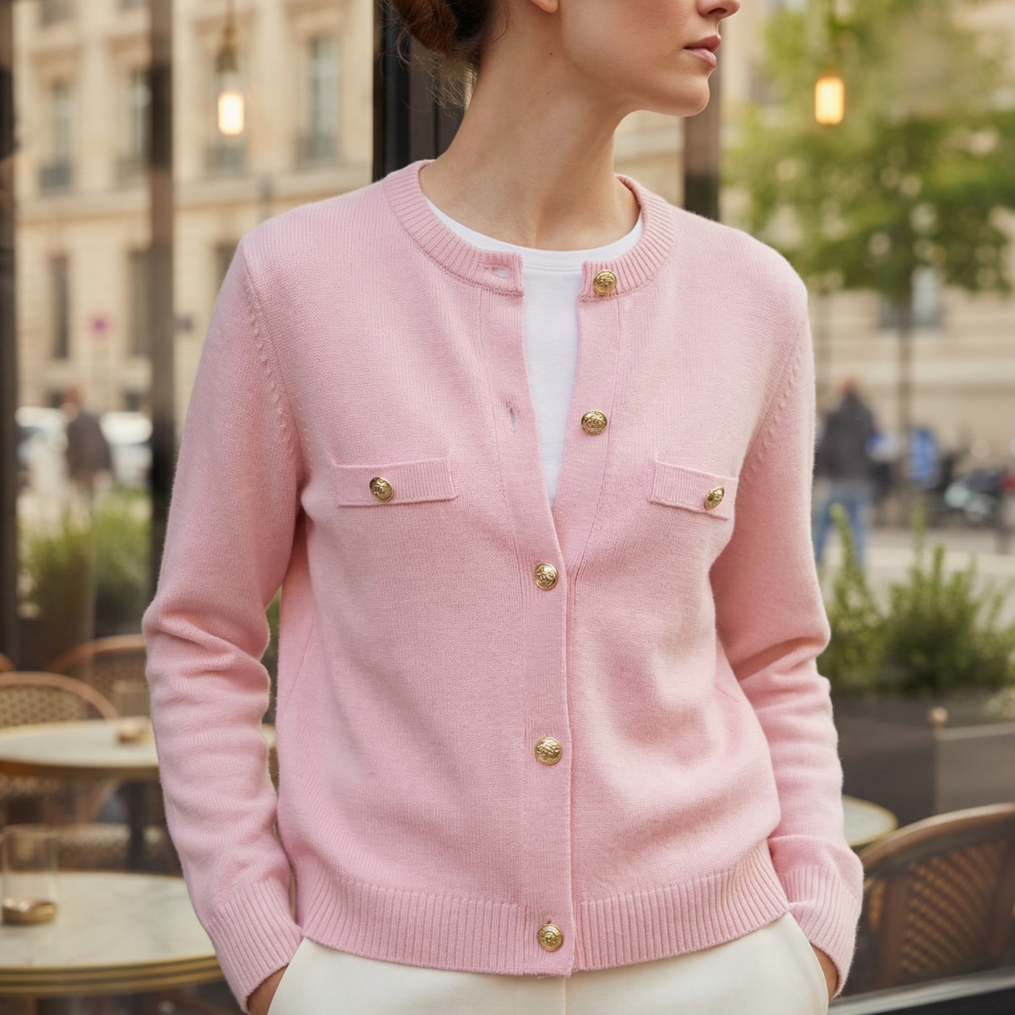 Women's Knit Cardigan with Gold Buttons and Chest Pockets