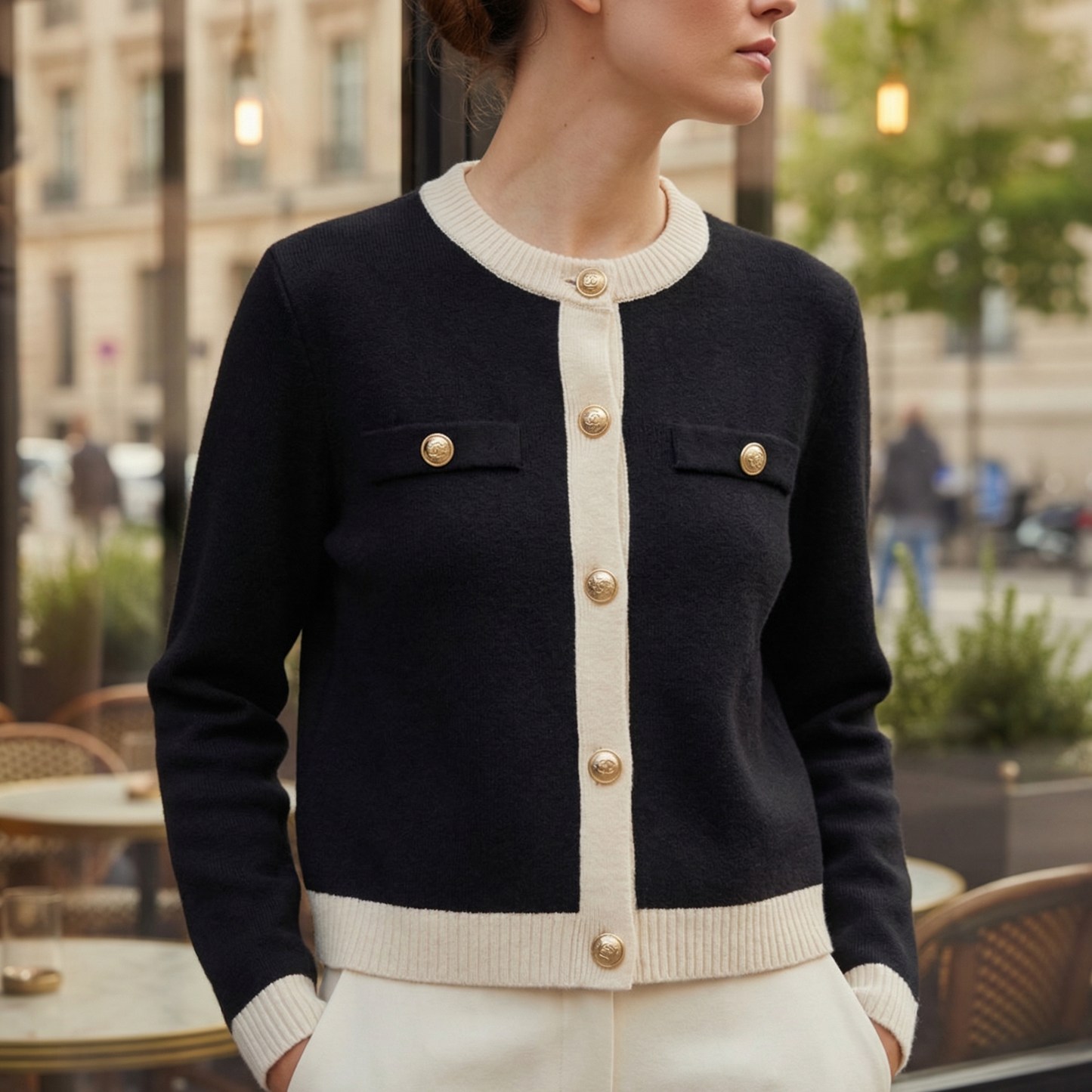 Women's Knit Cardigan with Gold Buttons and Chest Pockets