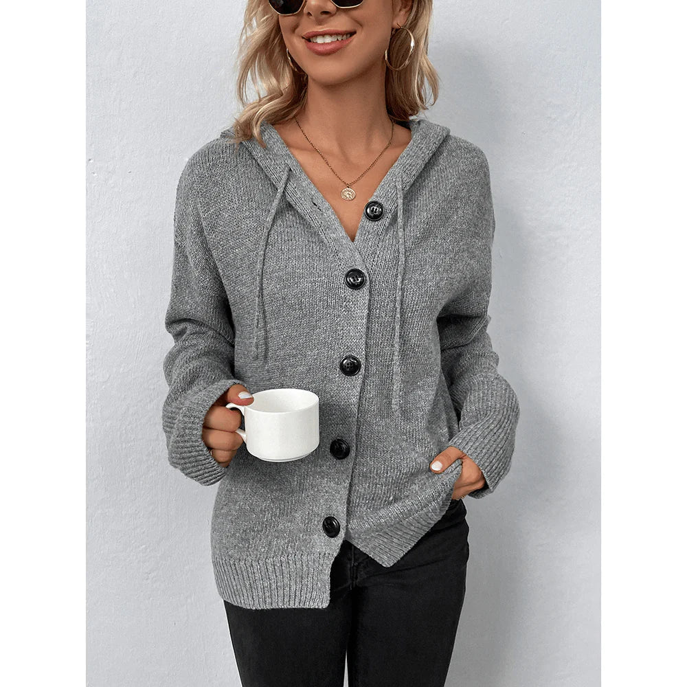 Women's Knitted Cardigan with Hood and Button Front