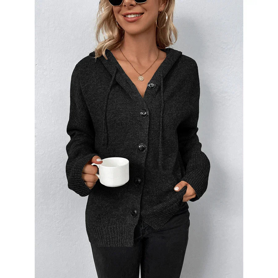 Women's Knitted Cardigan with Hood and Button Front