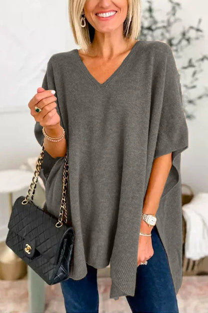 Women's Knitted Poncho with V-Neck and Oversized Fit