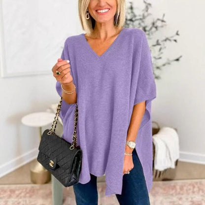 Women's Knitted Poncho with V-Neck and Oversized Fit