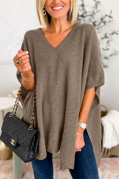 Women's Knitted Poncho with V-Neck and Oversized Fit