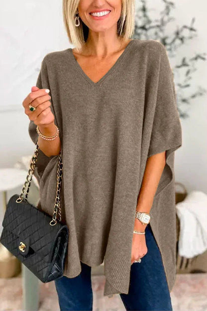 Women's Knitted Poncho with V-Neck and Oversized Fit
