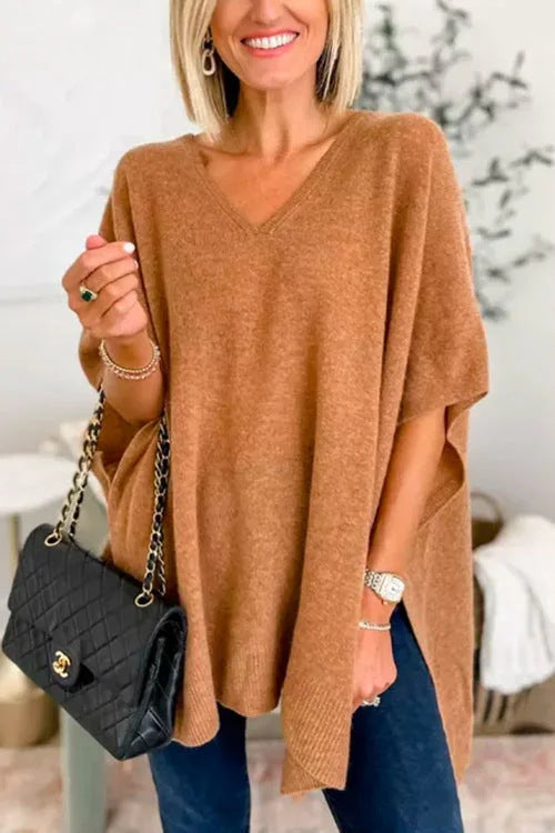 Women's Knitted Poncho with V-Neck and Oversized Fit
