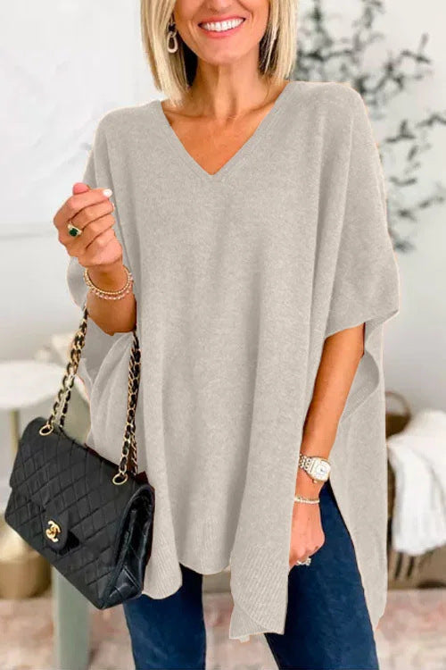 Women's Knitted Poncho with V-Neck and Oversized Fit