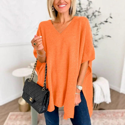 Women's Knitted Poncho with V-Neck and Oversized Fit