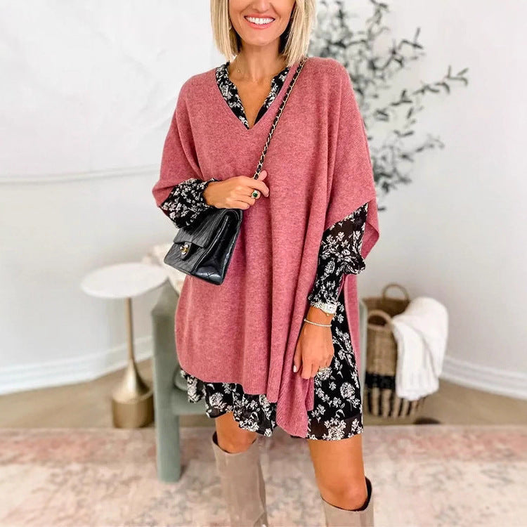 Women's Knitted Poncho with V-Neck and Oversized Fit