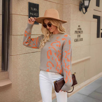 Women's Knitted Sweater with Animal Print Design