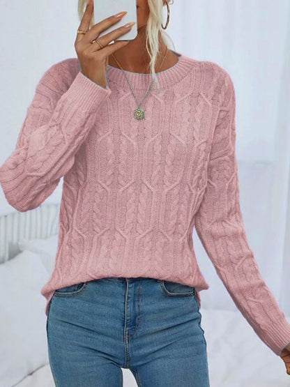 Women's Knitted Sweater with Cable Pattern and Round Neckline