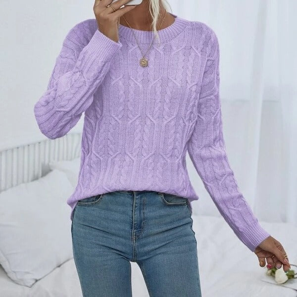 Women's Knitted Sweater with Cable Pattern and Round Neckline