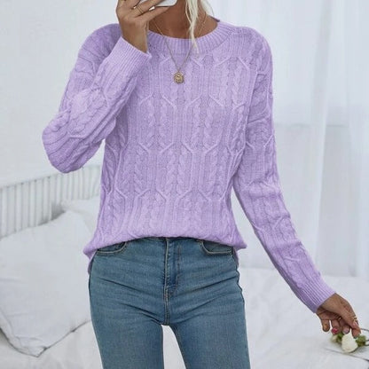 Women's Knitted Sweater with Cable Pattern and Round Neckline