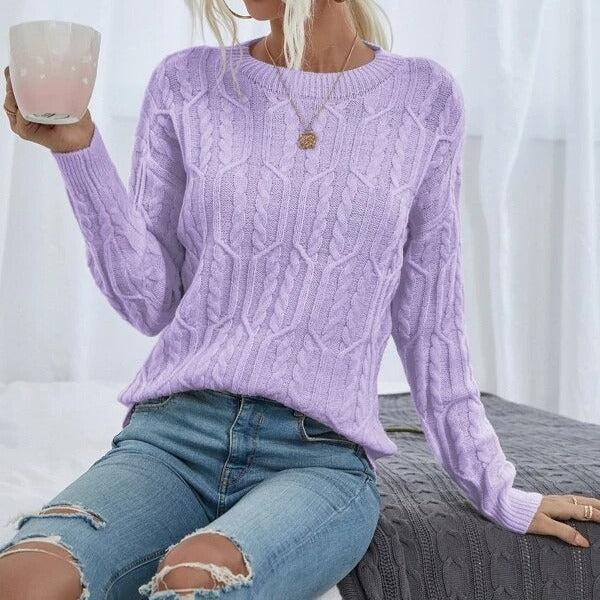Women's Knitted Sweater with Cable Pattern and Round Neckline