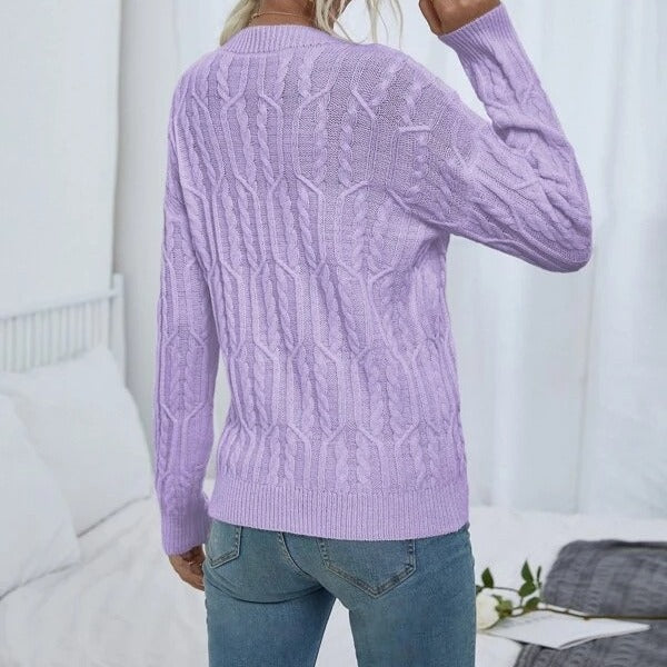 Women's Knitted Sweater with Cable Pattern and Round Neckline