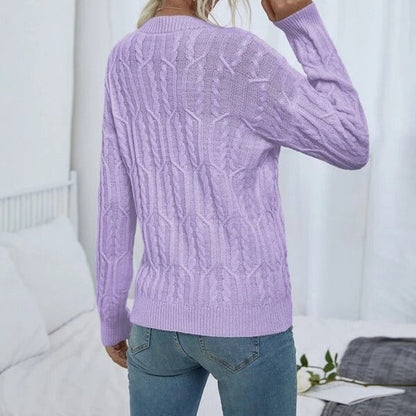 Women's Knitted Sweater with Cable Pattern and Round Neckline