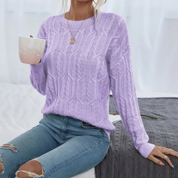 Women's Knitted Sweater with Cable Pattern and Round Neckline