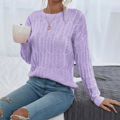 Women's Knitted Sweater with Cable Pattern and Round Neckline