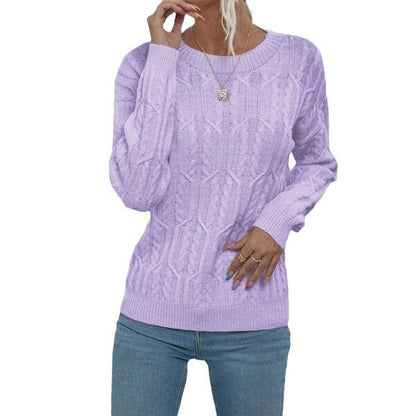 Women's Knitted Sweater with Cable Pattern and Round Neckline