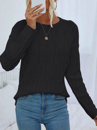 Women's Knitted Sweater with Cable Pattern and Round Neckline