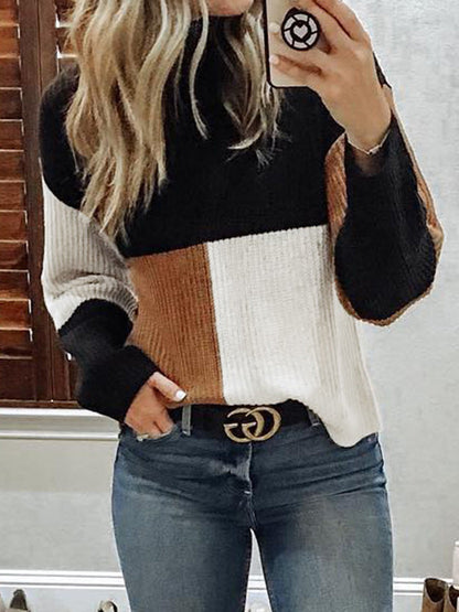 Women's Knitted Sweater with Colour Block Design and Long Sleeves
