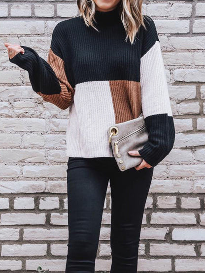 Women's Knitted Sweater with Colour Block Design and Long Sleeves