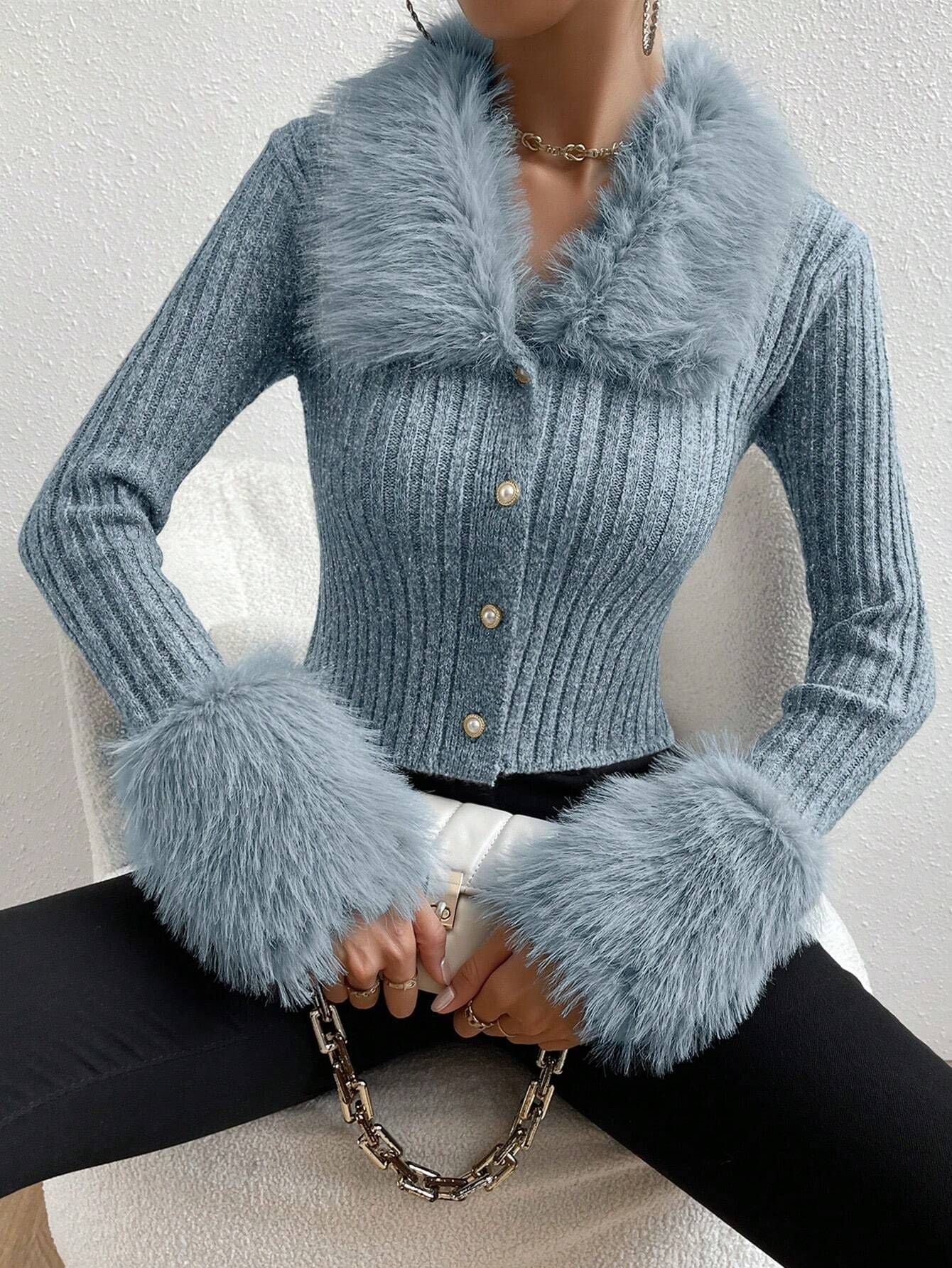 Women's Knitted Sweater with Fluffy Collar and Chic Sleeves