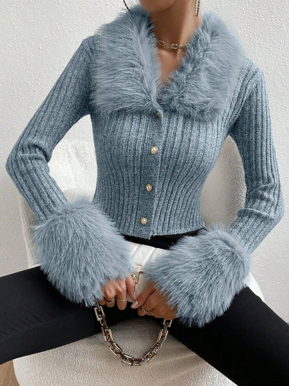 Women's Knitted Sweater with Fluffy Collar and Chic Sleeves