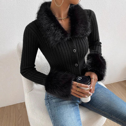 Women's Knitted Sweater with Fluffy Collar and Chic Sleeves
