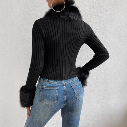 Women's Knitted Sweater with Fluffy Collar and Chic Sleeves